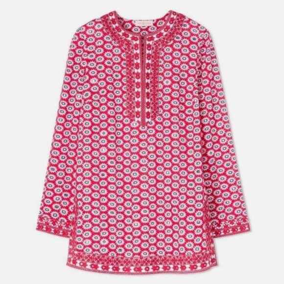 Tory Burch Jayne Nantucket Red Daisy Floral Embroidered Cotton Tunic - Picture 1 of 12